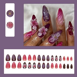 Spring Press on Nails Tips Short Almond Texture Design Fake Nails 3D Flower- YIHONGYAN Fake Nails Press ons Nail Tips Acrylic Nail Art Kit Glue on Nails Full Cover Manicure for Women and Girls-24pcs