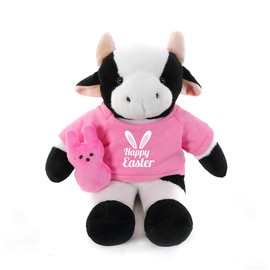 Plushland Easter Stuffed Animal with Bunny Carrot Soft Lovely Realistic Sitting Plush Toy with Pattern on Blue and Pink Shirt (Cow Pink)