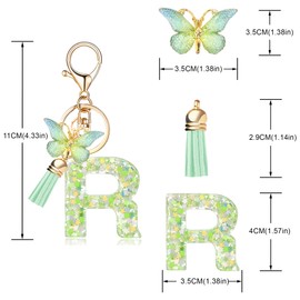 OKAICEN Fashion Alphabet Initial Letter Keychain Green Tassel Butterfly Pendant Key Ring for Purse Handbags Women Girl('R')