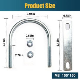 2 Sets M8 U-Bolt, 4" Wide U Bolt with Washers and Nuts, Heavy Duty Galvanized Carbon Steel Round U Bolts for Trailers, Boats, Replacement Parts and Accessories for Ski Boat, Fishing Boat