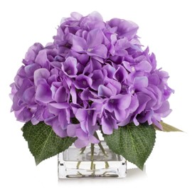 ENOVA FLORAL Silk Hydrangea Artificial Flowers in Vase with Faux Water, Silk Flower Arrangements in Vase for Home Decor, Wedding Table (Purple)