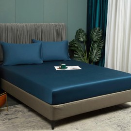 Luofanfei Bamboo Lyocell Fitted Sheet 140 x 200 cm Petrol Box Spring Bed Terry Cloth Topper Shiny Bamboo Fibre Pattern Flat Sheet 140 x 200 cm Plain Fitted Sheets for High Mattresses up to 25-30 cm