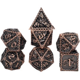 World of Dice - Draco Series - Pen & Paper Metal Dice Set for Dungeons and Dragons (D&D), DSA, 7 Dice, W4 to W20, Dragon, Copper