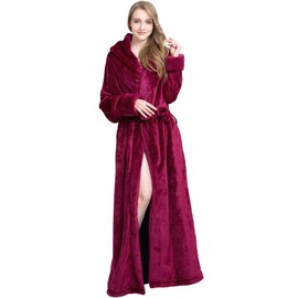 FindDress Women's Plush Robe Extra Long Robe with Pockets Thicken Soft Warm Bathrobe DarkRed S