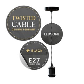 LEDSone Shiny Black Vintage Metal Ceiling Pendant Light Fitting Black Twisted Braided Flex 1m Cable E27 Lamp Holder Suspended Pendant Light Fitting Kit for Indoor Lightings