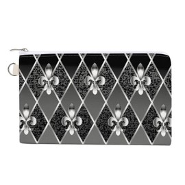 Soft Clutch Wallet, Women Handbag Canvas Zipper Makeup Bag Holder Purse for Credit Coin Bills Crash 7.4x4.6 in Print Mardi Gras Gold Fleur De Lis on Silver Black Rhombus