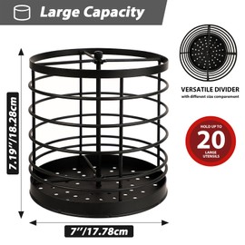 KOLUTI 360° Rotating Kitchen Utensil Holder Organizer, 7.2" x 7" Extra Large Cooking Tool Storage Round Caddy, Weighted Base with Drain Hole, Wire Metal Flatware Crock for Countertop, Paint Black