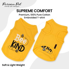 Parisian Pet Dog Tshirt - Embroidered “Bee Kind“ Dogs Clothes - Lightweight Dog Tank Top - 100% Cotton, Sleeveless Doggy Tee Shirts - Machine Washable Shirts for Medium Dogs - M