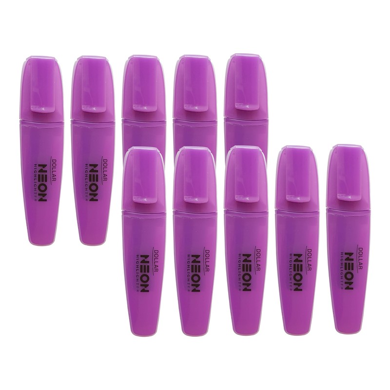 DOLLAR HL625 Neon Fluorescent Highlighter Pens, VIOLET, Pack of 10,