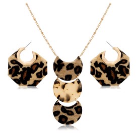 GLBCC Leopard Necklace Earrings Set for Women Fur Leather Geometric Hexagon Hoop Dangle Earrings Long Moon Pendant Necklace Jewelry Set