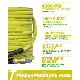 TechSweepPro Pressure Washer Hose 50FT 3/8" for Cold and Hot Water 212°F, with Swivel Quick Connect, 4500PSI Kink Resistant Grade Steel Wire Braided, Power Washer Hose With 2pcs M22-14mm Adapter