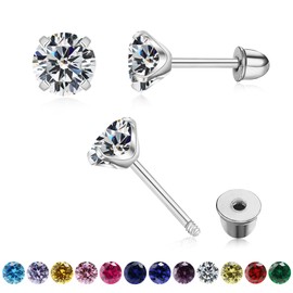 Round Cubic Zirconia Stud Earrings for Women Girls, 4mm Birthstone Stud Earrings Hypoallergenic Flat Back Stud Earrings Stainless Steel Cartilage Earrings Brilliant Handmade Screw Back Earrings (04-April-Sliver)