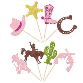 32 piezas de decoración de magdalenas de vaquera, zapatos de caballo con purpurina, pistola de cactus, púas de magdalenas, sombreros de vaquera, botas para decoración de magdalenas con temática occidental, baby shower, niñas, fiesta de cumpleaños, decora