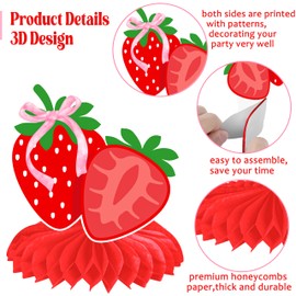 12Pcs Strawberry Themed Honeycomb Centerpieces Double-Sided Berry Sweet Table Centerpiece Decor for Girls Birthday Baby Shower Strawberry Party Supplies