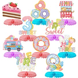 Tarklanda 10pcs Donut 3rd Birthday Honeycomb Centerpieces Party Decor,Sweet Donut 3D Table Centerpieces 3 Years Old Birthday Theme Party Decoration for Girls Baby Shower Party Photo Prop Supplies