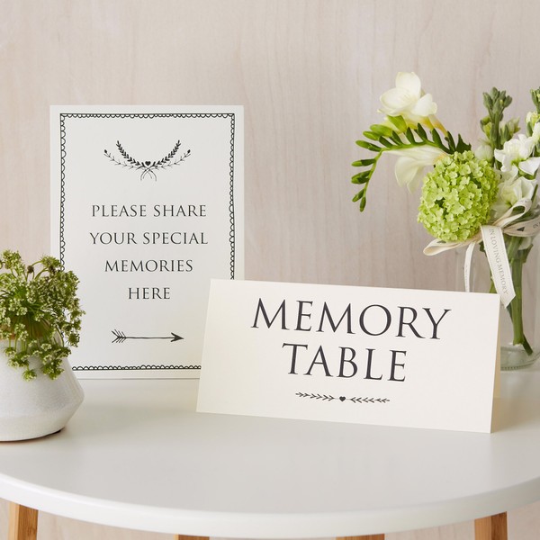 ANGEL & DOVE Set of 2 Card Signs: 'Memory Table' & 'Please Share Your Special Memories Here' in Ivory - Ideal for Funeral Condolence Book, Memorial, Celebration of Life