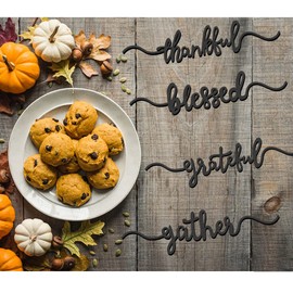 Thanksgiving Cutout Wood Table Place Card Thankful Grateful Blessed Gather Wood Word Table Decorations Fall Themed Thanksgiving Party Table Home Supplies (Black, 4)