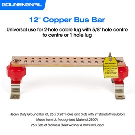 12" Heavy-Duty Copper Bus Bar,Multipurpose Ground Bar Kit,with 26 x 0.28’’ Holes and 2’’x2” Standoff Insulators Made from UL Recognized Material,2500V