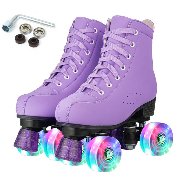 Gets Roller Skates Women Outdoor High-top Adult Roller Derby Skates Wheels Light Up Roller Skates Double Row Quad Skates for Men Girls Unisex (Purple Flashing Wheel,38)