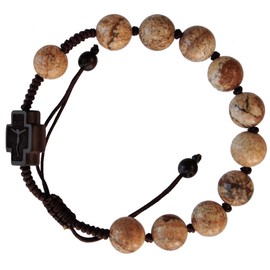 Sine Cera Picture Jasper Stone/Jujube Wood 1 Decade Catholic Rosary Bracelet, Double-sided Laser Engraved Centerpiece with Crucifix/Madonna with Child, Adjustable Corded Design, Smooth 10mm Beads