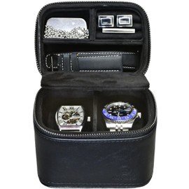 Leather Travel Watch Jewelry Case for Men – Watch Band, Cufflinks Storage Box for Travel - Obsidian Black Swiss-Motif Genuine Leather