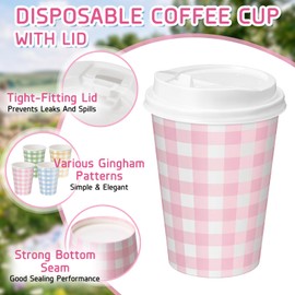 60 Pack Gingham Disposable Coffee Cups with Lids 12oz Pastel Checkered Paper Cups Bulk for Tea Coffee Hot Cocoa Pastel Plaid Party Supplies for Gender Reveal Baby Showers Bridal Showers