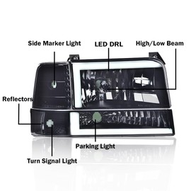 LED Headlights Assembly Front Headlamps, Compatible with Ford F150 Bronco 1992-1996, Fit Ford F250 F350 1992-1997, w/Corner Signal Bumper Lamps,Smoky Lens Black Housing Clear Reflector