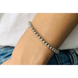 YDF Ball Bracelet Flexible 5 mm 925 Sterling Silver Rhodium-Plated Stretchy Elastic Premium Quality, Sterling Silver