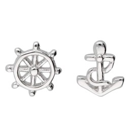 LÖB LSIO134 Women's Stud Earrings 925 Sterling Silver Stud Earrings with Anchor Steering Wheel Maritime Small, Sterling Silver, No Gemstone