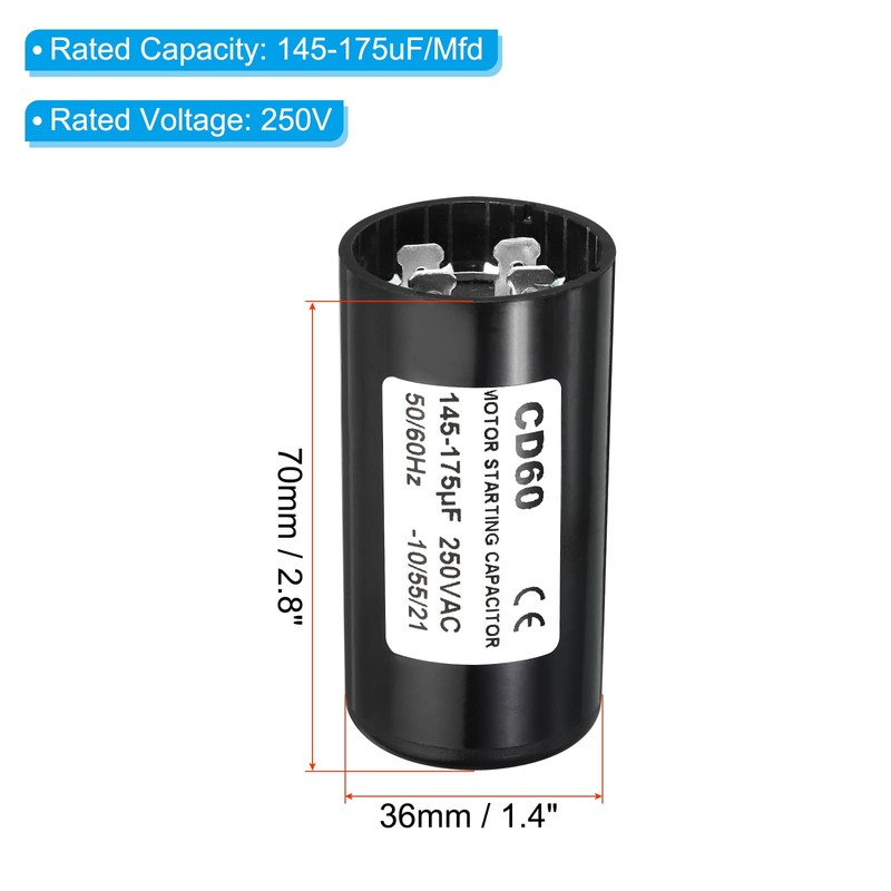PATIKIL Motor Start Capacitor, 2 Pack 145-175uF/Mfd 250VAC 50/60Hz CD60