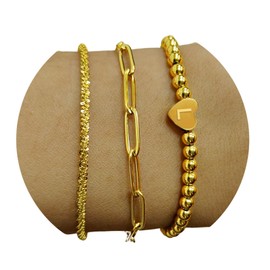 Dainty Gold Initial Bracelets for Women Gold Charm Letter L Stretch Beaded Bracelet 18K Gold Plated Stack Paperclip Link Chain Bracelet Set Sparkle Twist Rope Alphabet Bracelet Gifts for Women (L)