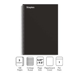 Staples Premium 3-Subject Notebook, 5.88-inch x 9.5-inch, College Ruled, 138 Sheets, Black, 3/Pack (ST58351NVS)