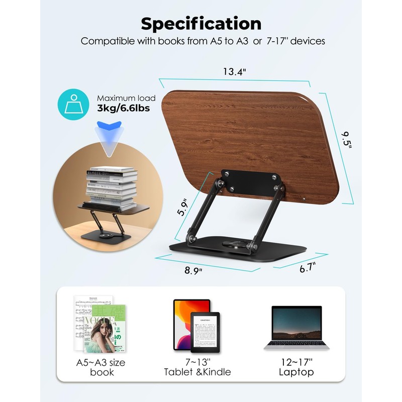 Viozon Book Stand for Reading,Book Holder, Height&Angle Adjustable, 360° Rotating