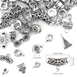 JIALEEY Connectors Bail Tube Beads fit European Charm Bracelet Pendant Mix Tibetan Silver Spacer Bead Hanger for DIY Necklace Jewelry Making 40 PCS, Alloy, alloy steel