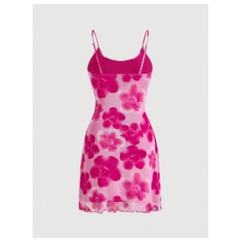 Verdusa Women's Floral Mesh Mini Cami Dress Sleeveless Scoop Neck Lettuce Trim Bodycon Dress Pink Large