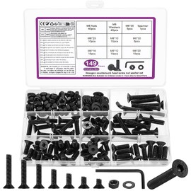 149 Pcs M6 Screws Set, M6 Bolts and Nuts Set, Countersunk Bolts Set, Flat Head Machine Screws and Nuts and Washers Set, Hex Socket Head Cap Screw Assortment with Wrench