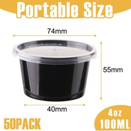 Jogoico 50Pcs Round Food Containers with Lids- 100ml (4oz) Plastic Sauce Pots Small Deli Pots, Meal Prep Takeaway Containers, Reusable Portion Cups for Sauce, Dips, Salad, Restaurants, Delivery