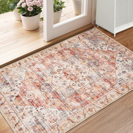 XSIVOD Entryway Rug Indoor Door mat, Orange Small Washable Area Rugs for Kitchen Bathroom Mat, Low Pile Vintage Rug, Non-Slip Bedroom Carpet for Front Door Entrance Welcome Mat, 60 x 90 cm