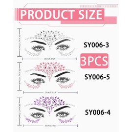 TPZORJX 3-teilige Glitzer-Gesichtsdekoration, Strasssteine für das Gesicht, Strass-Gesichtsschmuck, temporäres Strass-Gesichtstattoo, Karnevals-Party-Make-up, Strasssteine