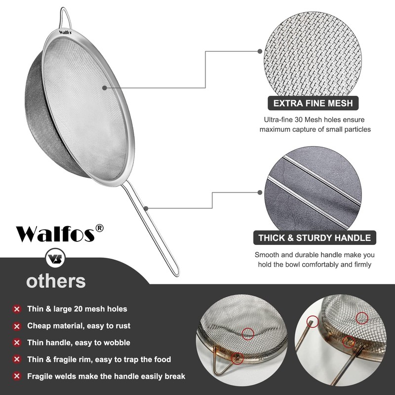 Walfos 9.5 Inch Large Fine Mesh Strainer, Stainless Steel 30