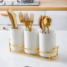 3-Piece White Ceramic Silverware Caddy with Black Metal Rack, Utensil Holder Flatware Caddy Cutlery Storage Organizer for Kitchen Table (White+Gold)