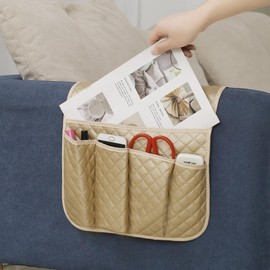 Hosoncovy PU Leather Sofa Armrest Organizer Couch Arm Storage Bag Sofa Arm Couch Caddy Anti-Spill Armrest Remote Control and Cellphone Organizer Holder (Gold)