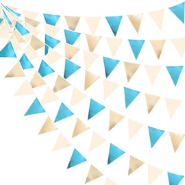 Champagne Gold Sky Blue Beige Decorations Metallic Fabric Triangle Pennant Banner Bunting Flag Garland for Birthday Baby Shower Engagement Wedding Graduation Bridal Shower Party Decorations Supplies