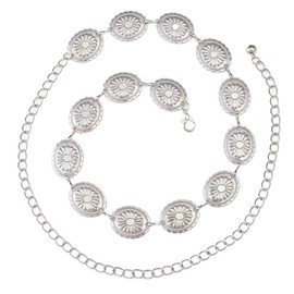 BEAMARKER Western Metal Concho Belt for Women 47.6in Silver Oval Metal Waist Chain Link Belt Adjustable Boho Decorative Accessories for Dresses Jeans Pants Sweater Country Concert Outfit