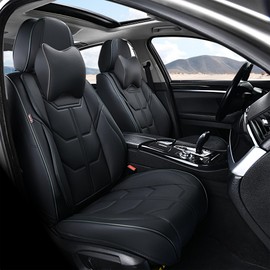 BWTJF Black Car Seat Covers for Front Seat, Universal Seat Covers for Cars, Waterproof Leather Auto Seat Protectors with Head Pillow, Car Seat Cushions Fit for Most Sedans SUV Pick-up Truck