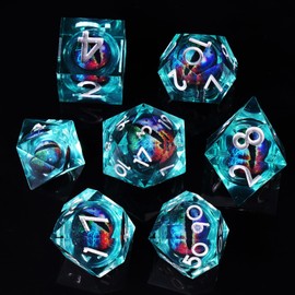 ORUZA Set di 7 dadi Dragon Eye DND con nucleo liquido D&D in resina, bordo affilato, poliedrici, per giochi di ruolo Dungeons and Dragons, D20, D12, D10, D8, D6, D4 D%