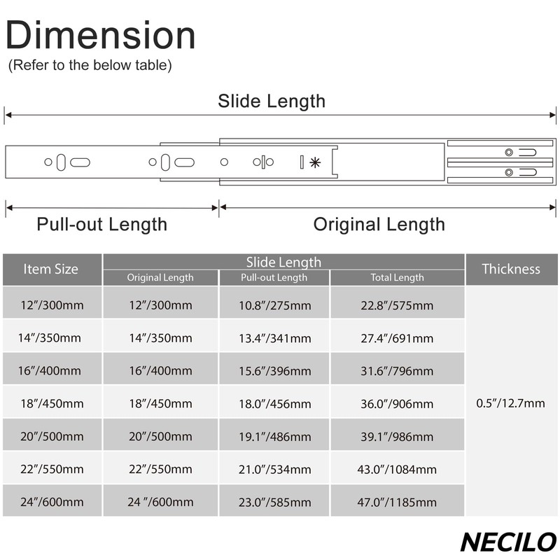 NECILO 20 Inch Stainless Steel Soft Close Drawer Slides, 100lb