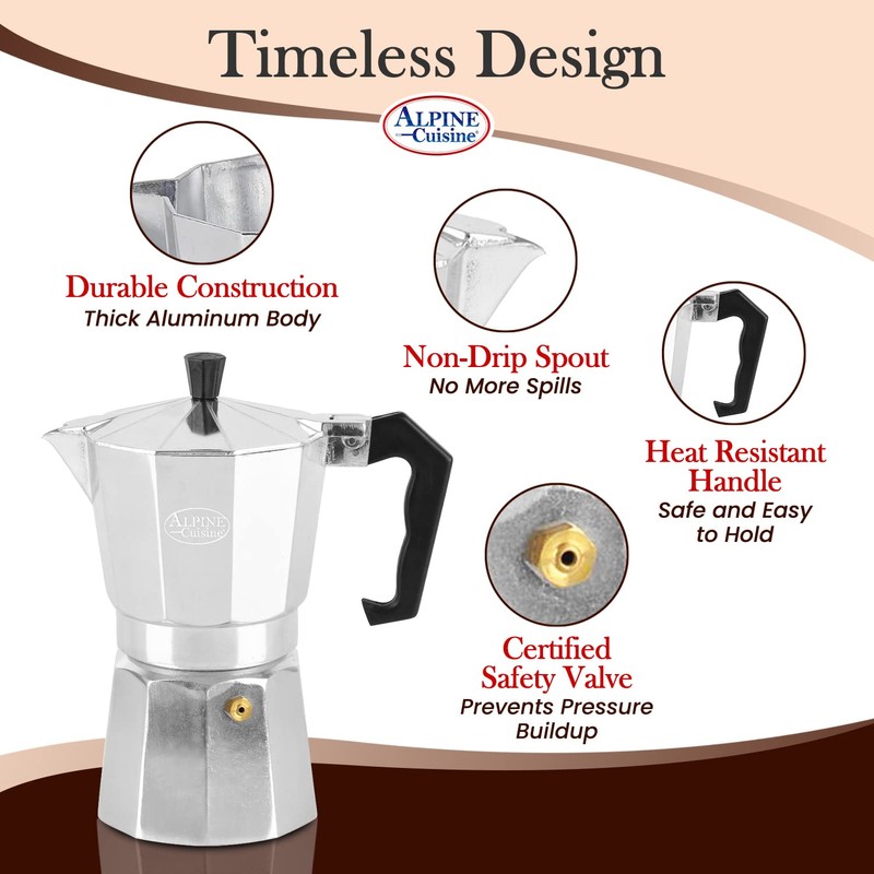 Alpine Cuisine Stovetop Espresso Maker 12.5 Oz, 9 Espresso Cups