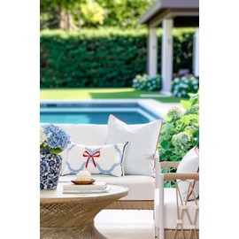 Hofdeco Premium Coastal Hampton Patio Indoor Outdoor Throw Pillow Cover Only, 20"x20" Water Repellent for Backyard, Couch, Poolside, Baby Blue Red Print Stripes