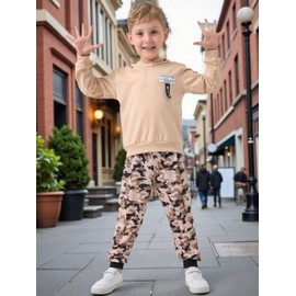 Boys 2 Piece Outfits Long Sleeve Hooded Tracksuit Sweatshirt Top Camouflage Sweatpants Fall Winter Clothing Set 5-10T (9-10Y)